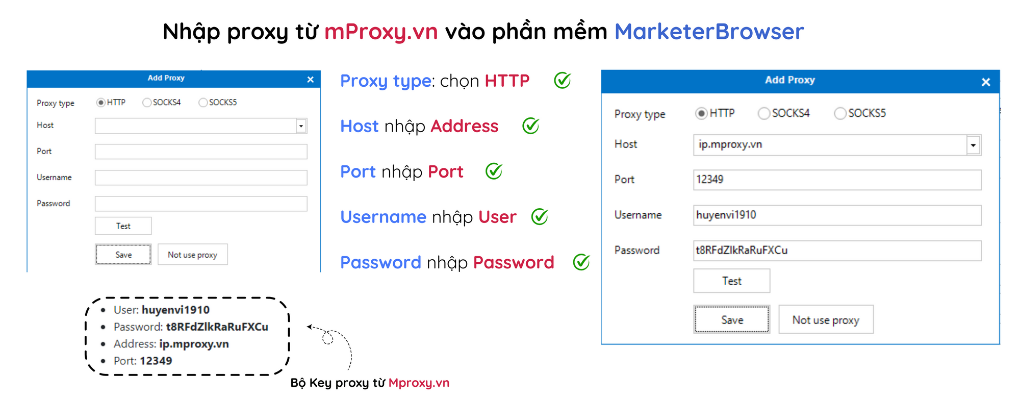 Trình duyệt ẩn danh MarketerBrowser -  Cách cấu hình proxy từ Mproxy.vn