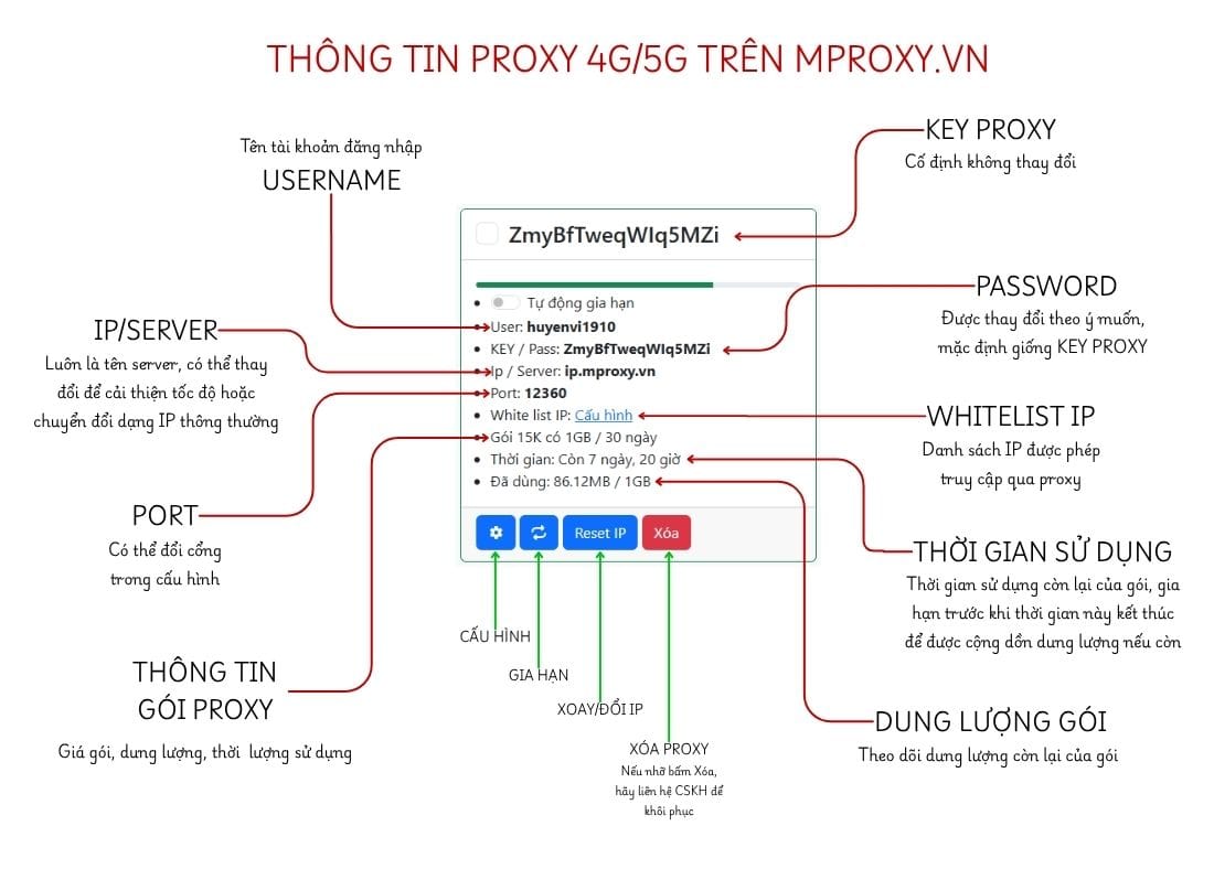 Mproxy.vn cung cấp proxy mobile 4G/5G có những trường thông tin nào?